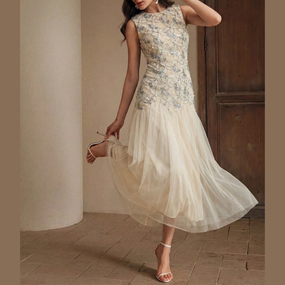 Cream Sequin Floral Embroidered Sleeveless Tulle Maxi Dress